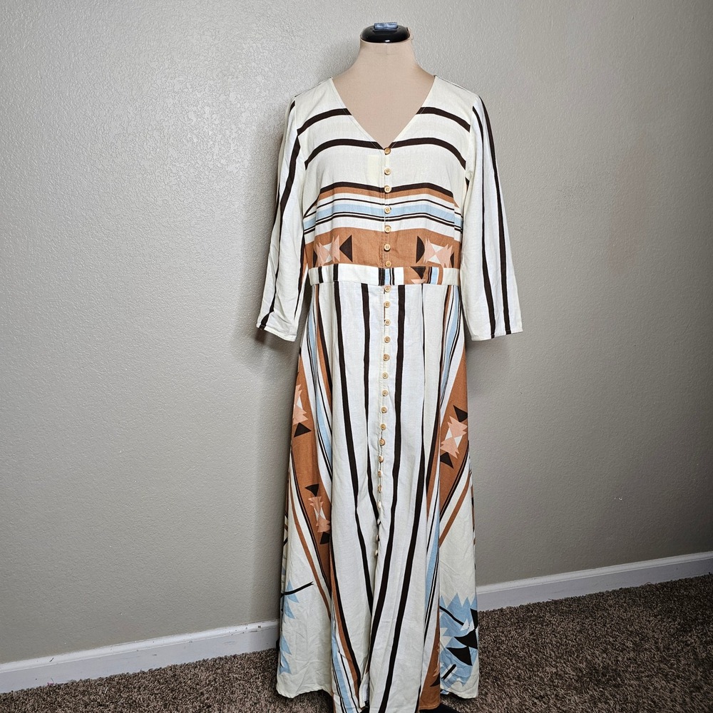 Midnight Velvet Southwestern Geometric Maxi Dress Linen Blend Button Front  12